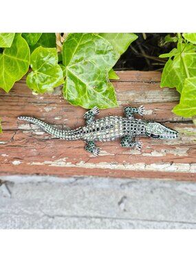 ⭐Rhinestone Alligator Animal Brooch Pin Green & Silver 5.7 Inches Vintage Vibes⭐
